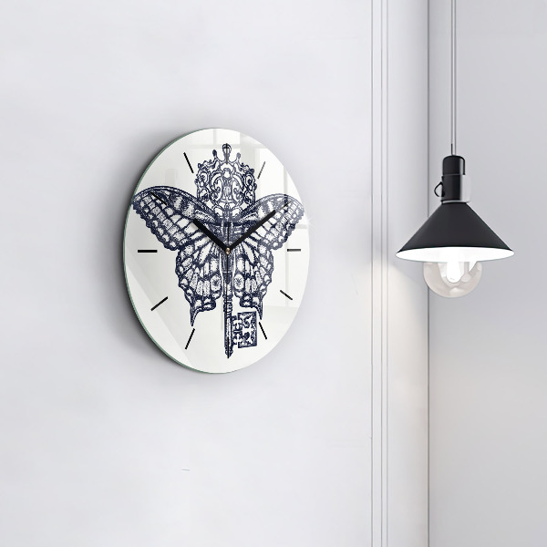 hodiny na skle Motýl a klíč - boho styl