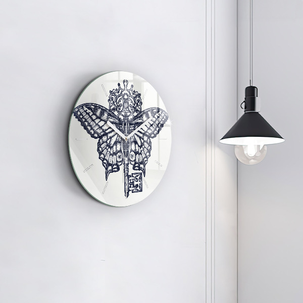 hodiny na skle Motýl a klíč - boho styl