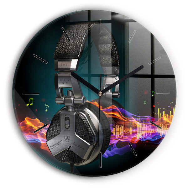 Kulaté skleněné hodiny s fotkou Sluchátka a zvukové vlny