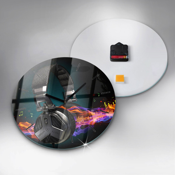 Kulaté skleněné hodiny s fotkou Sluchátka a zvukové vlny