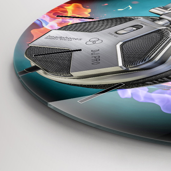 Kulaté skleněné hodiny s fotkou Sluchátka a zvukové vlny