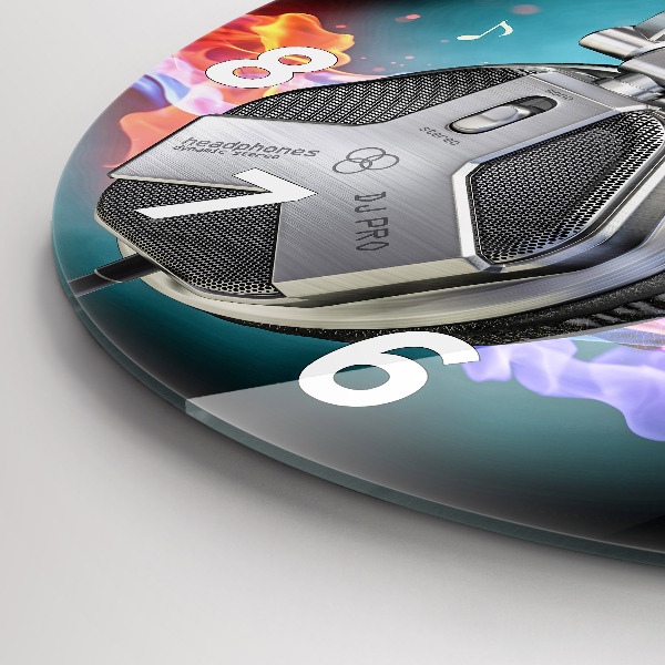 Kulaté skleněné hodiny s fotkou Sluchátka a zvukové vlny