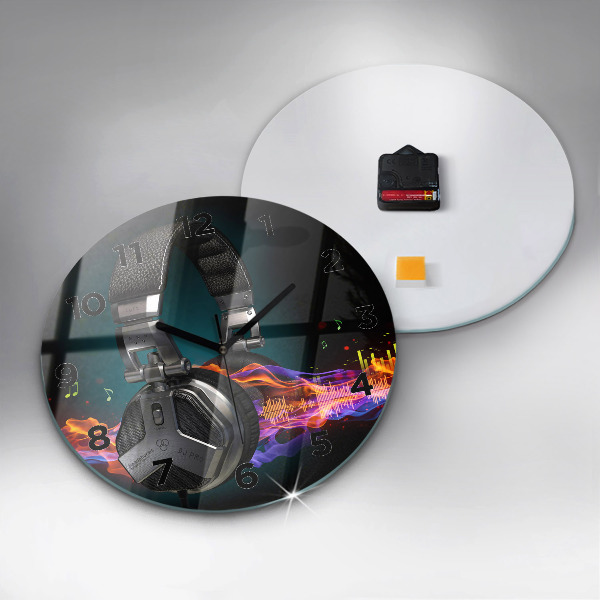 Kulaté skleněné hodiny s fotkou Sluchátka a zvukové vlny