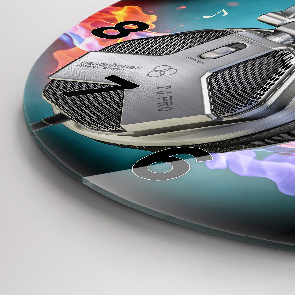 Kulaté skleněné hodiny s fotkou Sluchátka a zvukové vlny