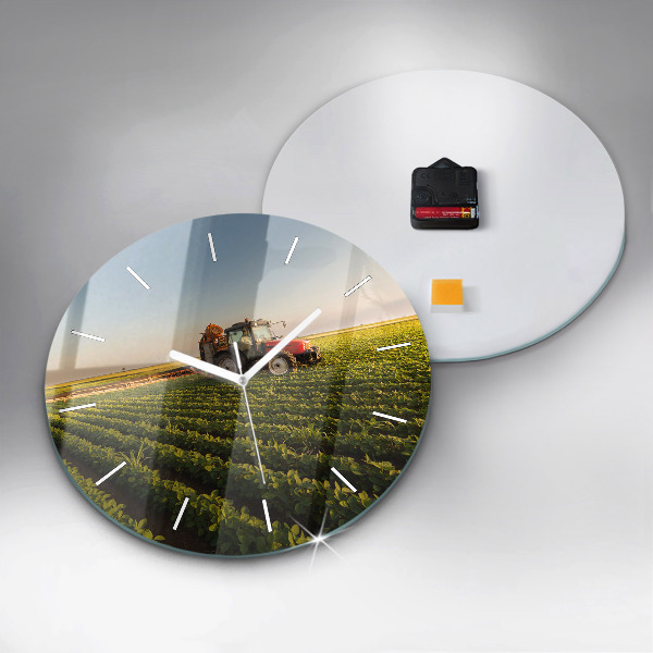 Kulaté skleněné hodiny s fotkou Traktor na zemědělském poli