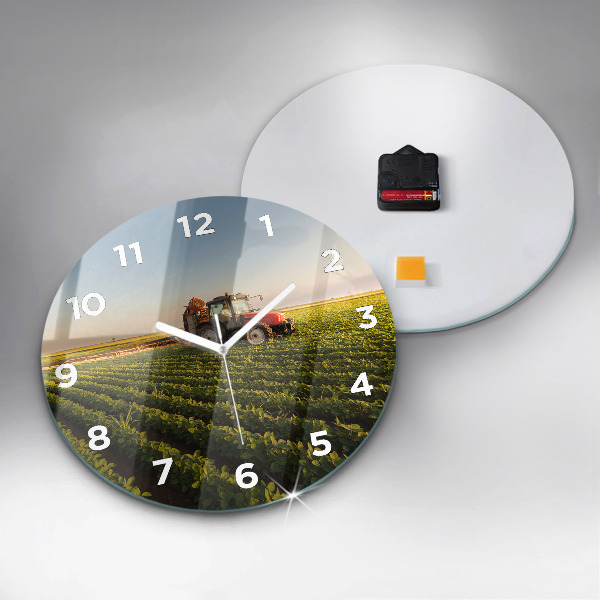 Kulaté skleněné hodiny s fotkou Traktor na zemědělském poli