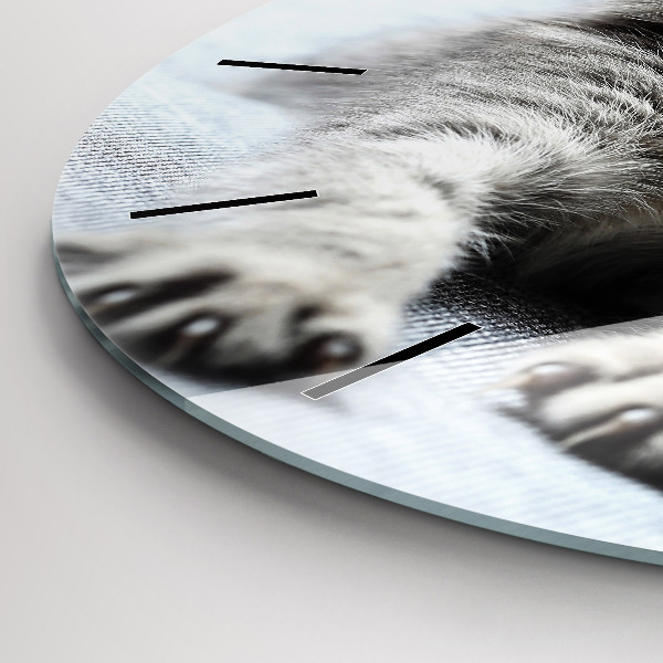 Kulaté skleněné hodiny s fotkou Kočka na pohovce