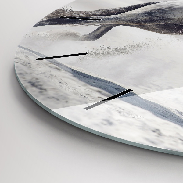 Kulaté skleněné hodiny s fotkou Cválající bílý kůň