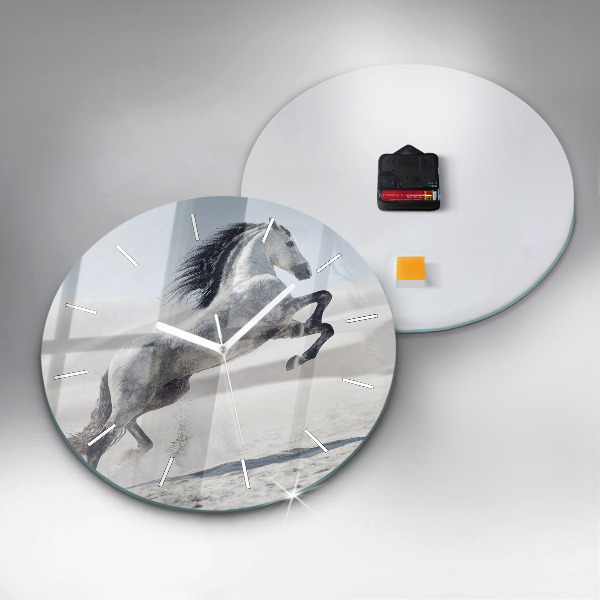 Kulaté skleněné hodiny s fotkou Cválající bílý kůň