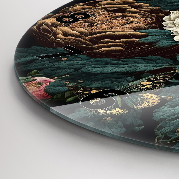 hodiny na skle Květina a zlatí motýli