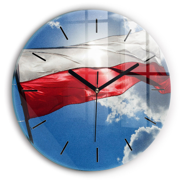hodiny na skle Polská vlajka na pozadí oblohy