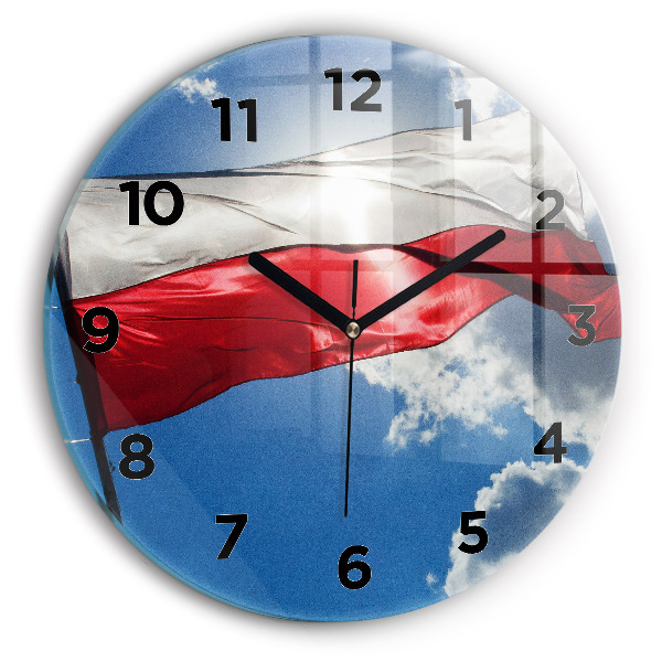 hodiny na skle Polská vlajka na pozadí oblohy