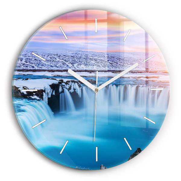 Kulaté skleněné hodiny s fotkou Vodopád Godafoss Island
