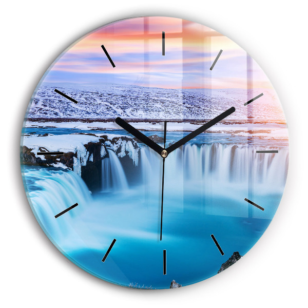 Kulaté skleněné hodiny s fotkou Vodopád Godafoss Island