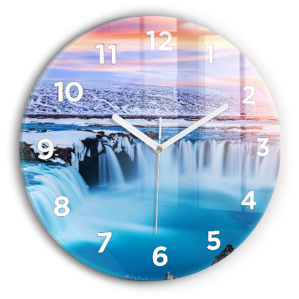 Kulaté skleněné hodiny s fotkou Vodopád Godafoss Island