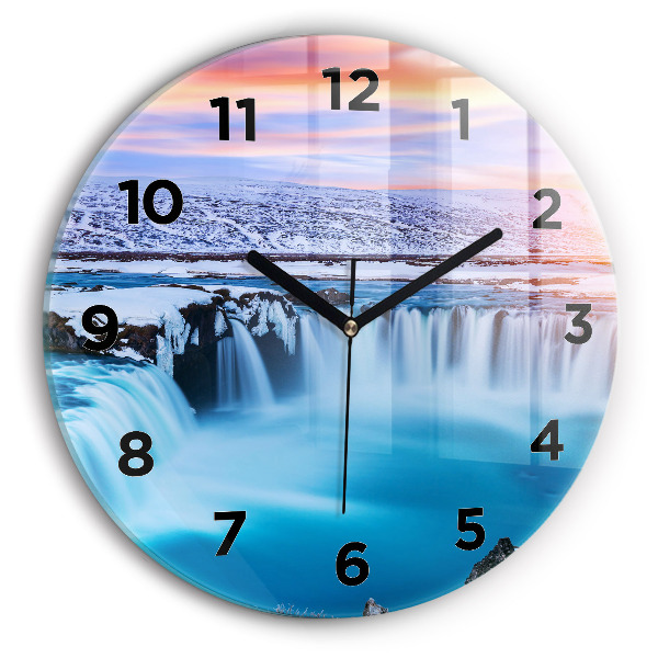 Kulaté skleněné hodiny s fotkou Vodopád Godafoss Island
