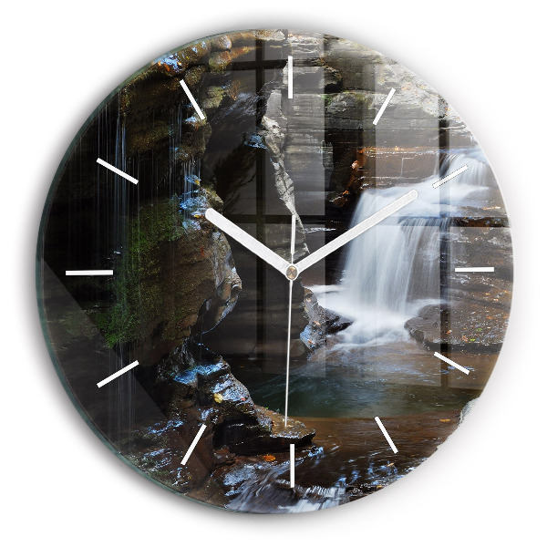 Kulaté skleněné hodiny s fotkou Islandský vodopád a skály