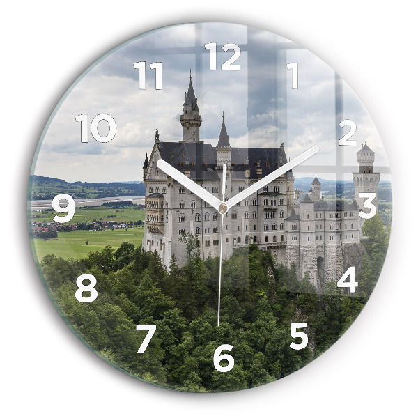 Kulaté skleněné hodiny s fotkou Zámek Neuschwanstein