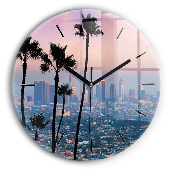 Kulaté skleněné hodiny s fotkou Západ slunce v Los Angeles
