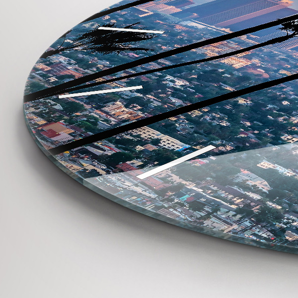 Kulaté skleněné hodiny s fotkou Západ slunce v Los Angeles