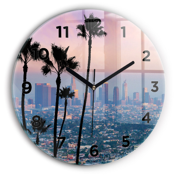Kulaté skleněné hodiny s fotkou Západ slunce v Los Angeles