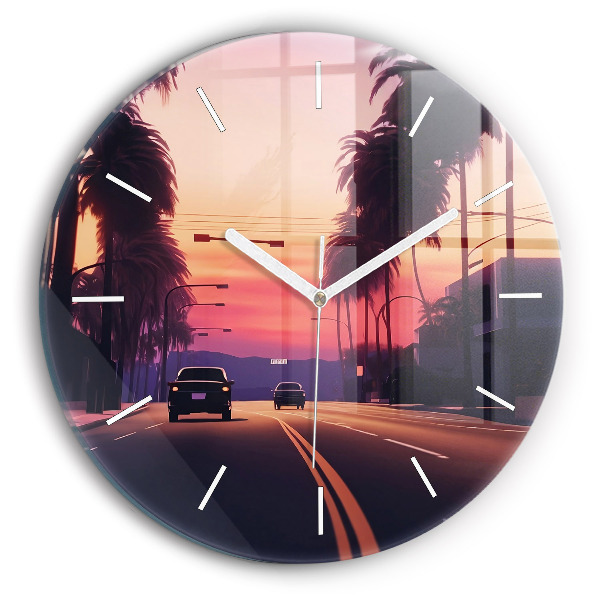 Kulaté skleněné hodiny s fotkou Západ slunce v Los Angeles