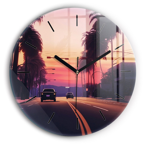 Kulaté skleněné hodiny s fotkou Západ slunce v Los Angeles