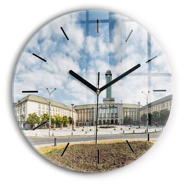 Kulaté skleněné hodiny s fotkou Panorama Ostravy