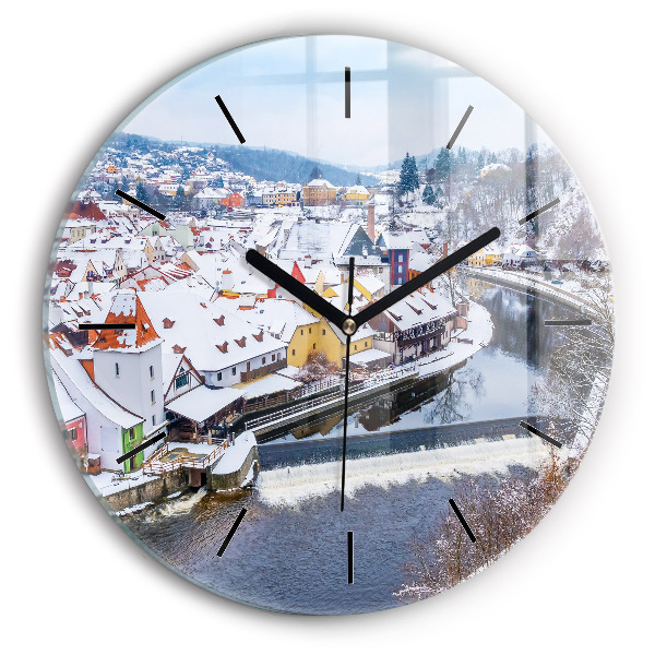 Kulaté skleněné hodiny s fotkou Panorama města v zimě