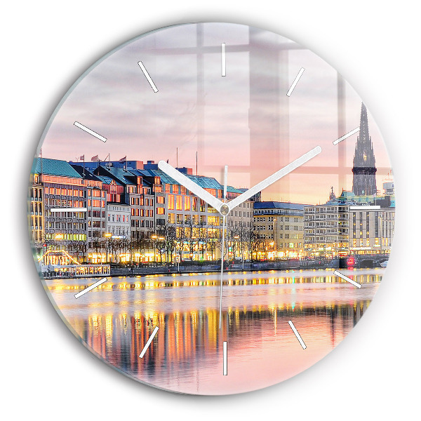 Kulaté skleněné hodiny s fotkou Alster v Hamburku