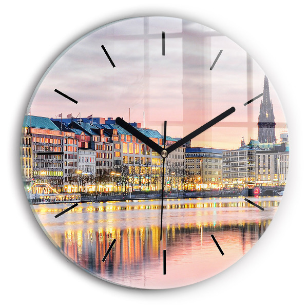 Kulaté skleněné hodiny s fotkou Alster v Hamburku