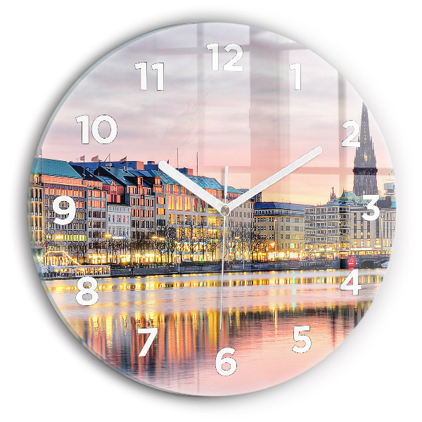 Kulaté skleněné hodiny s fotkou Alster v Hamburku