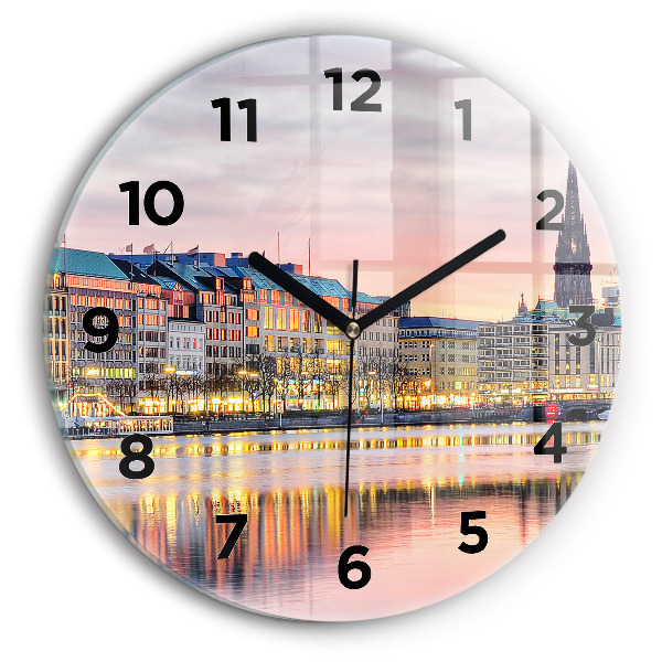 Kulaté skleněné hodiny s fotkou Alster v Hamburku