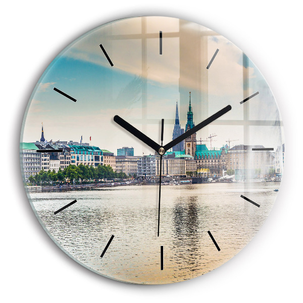 Kulaté skleněné hodiny s fotkou Binnenalster v Hamburku