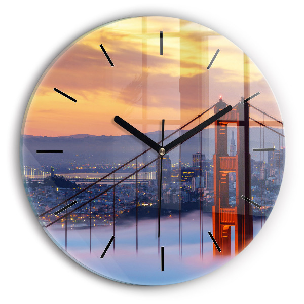 Kulaté skleněné hodiny s fotkou Sanfranciský most