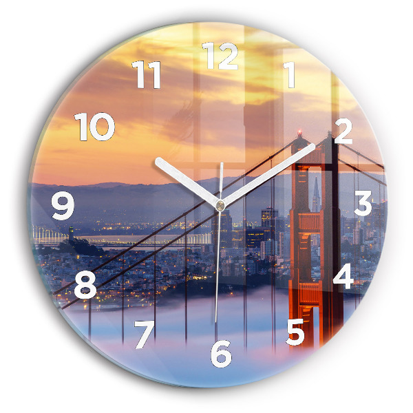 Kulaté skleněné hodiny s fotkou Sanfranciský most