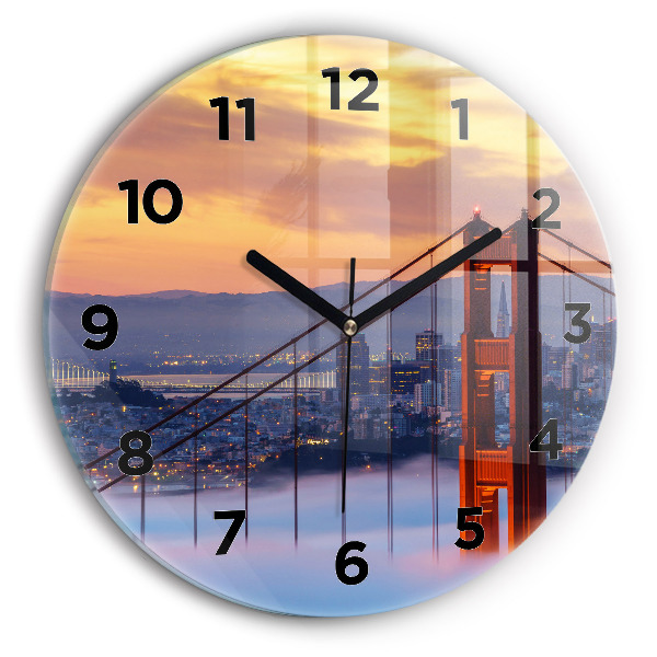 Kulaté skleněné hodiny s fotkou Sanfranciský most