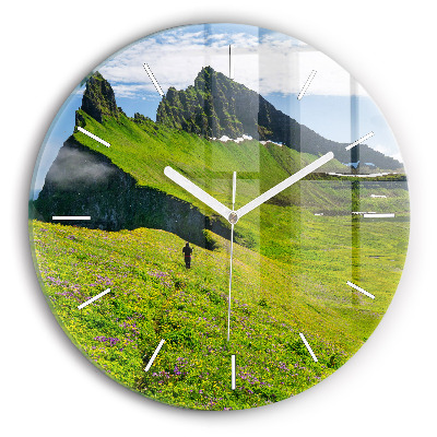 Kulaté skleněné hodiny s fotkou Přírodní rezervace Hornstrandir Island