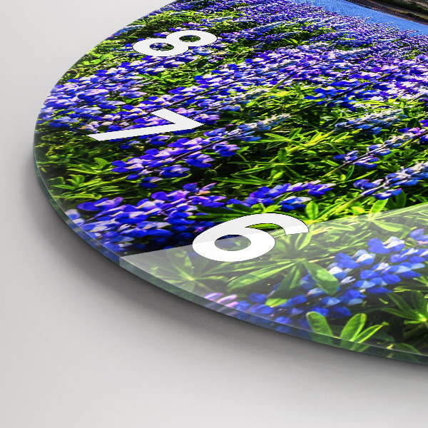 Kulaté skleněné hodiny s fotkou Pohled na hory Island