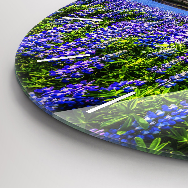 Kulaté skleněné hodiny s fotkou Pohled na hory Island