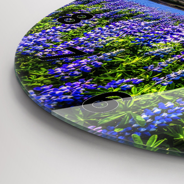 Kulaté skleněné hodiny s fotkou Pohled na hory Island