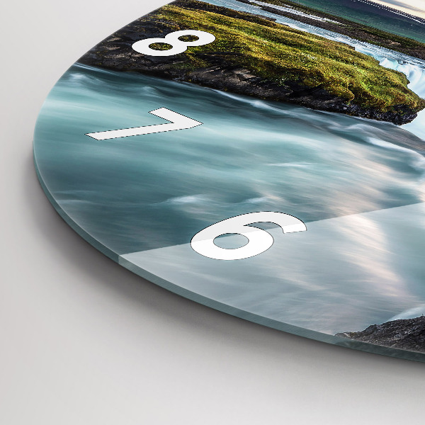 Kulaté skleněné hodiny s fotkou Krajina s vodopádem