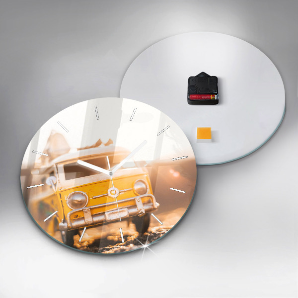 Kulaté skleněné hodiny s fotkou Auto na dovolené