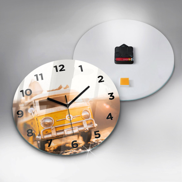 Kulaté skleněné hodiny s fotkou Auto na dovolené