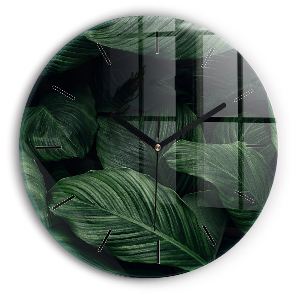 Kulaté skleněné hodiny s fotkou Tropická monstera