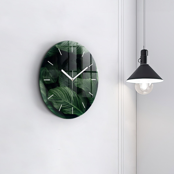 Kulaté skleněné hodiny s fotkou Tropická monstera