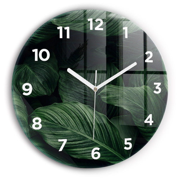 Kulaté skleněné hodiny s fotkou Tropická monstera