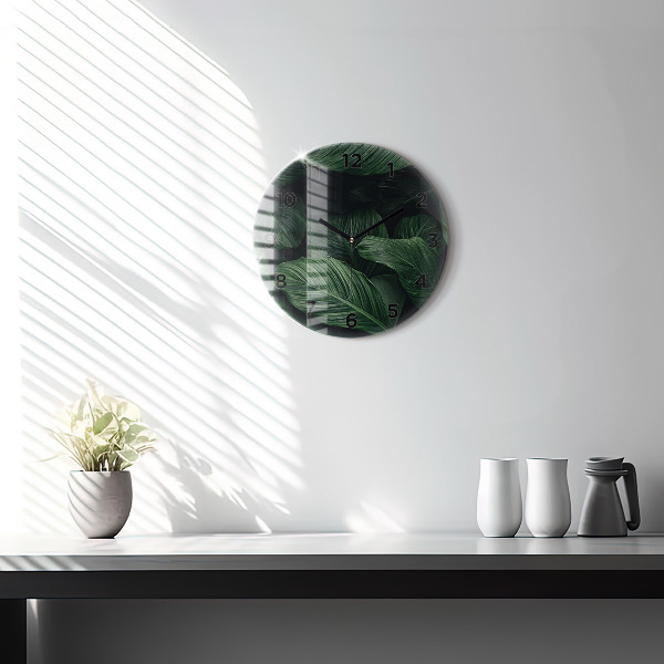 Kulaté skleněné hodiny s fotkou Tropická monstera