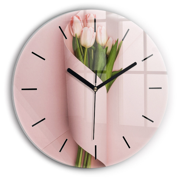Kulaté skleněné hodiny s fotkou Kytice tulipánů