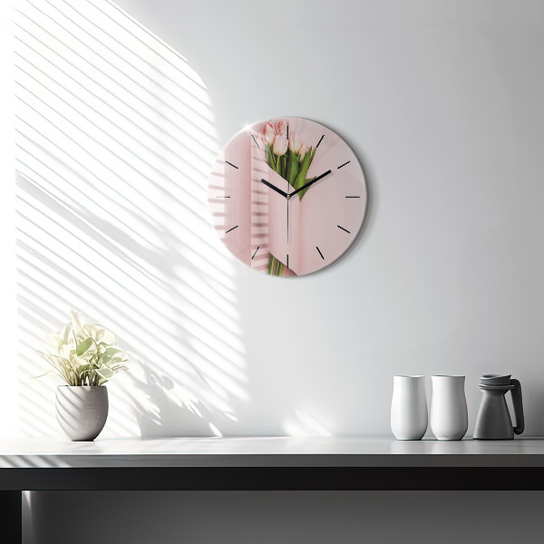 Kulaté skleněné hodiny s fotkou Kytice tulipánů